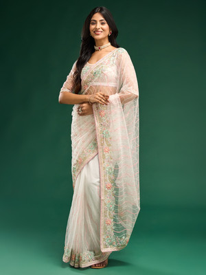 HouseOfCommon Embroidered Bollywood Net Saree(Cream)