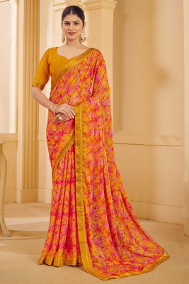 SainiVastra Floral Print Bollywood Chiffon Saree(Mustard)