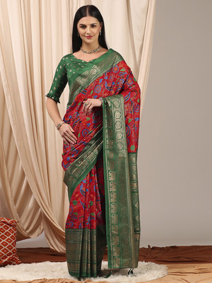 Divastri Printed Chinnalapattu Cotton Blend Saree(Red, Green)