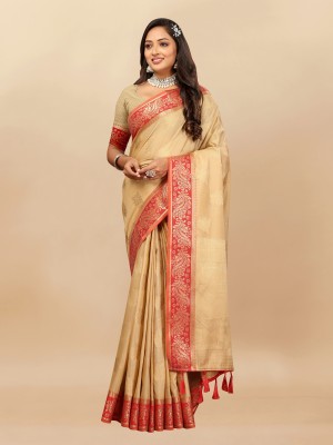 KRIYANSH Self Design, Woven, Printed, Temple Border, Striped Paithani Jacquard, Cotton Silk Saree(Cream)