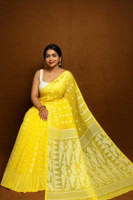 Happy Creation Woven Jamdani Handloom Cotton Blend Saree(Yellow)