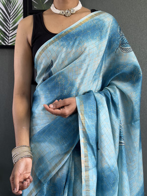 SUDIPTA Checkered, Floral Print Bollywood Cotton Blend Saree(Light Blue)