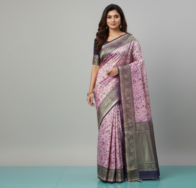 RKSari Woven, Embroidered Kanjivaram Silk Blend Saree(Pink)