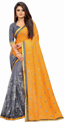 YASHVI Embroidered Bollywood Silk Blend, Net Saree(Yellow)