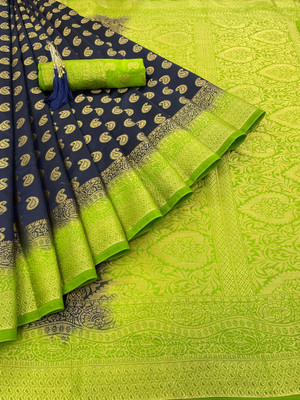 GajGajra Printed Arani Pattu Cotton Silk Saree(Dark Blue, Green)