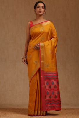 soch Woven Saree with Attached Blouse Silk Blend Saree(Mustard)