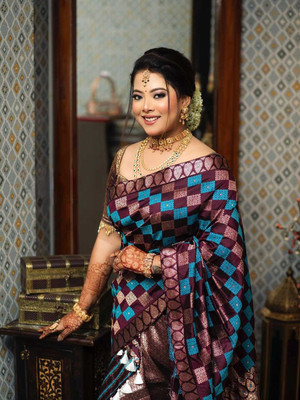 Sheden Lopez Creation Woven Mekhela Chador Silk Blend Saree(Brown, Blue)