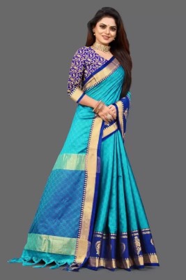 WILLMAKE Woven Bollywood Jacquard Saree(Light Blue)