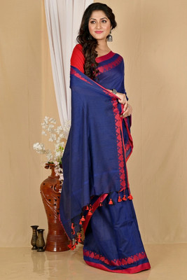 eC ESHA'S COLLECTION Solid/Plain Handloom Cotton Blend Saree(Blue, Red)