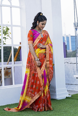 Kanooda Prints Printed Bandhani Georgette Saree(Multicolor)