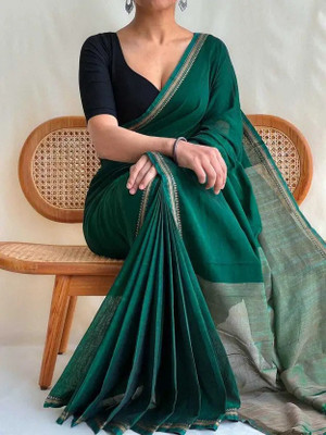 makalitraders Self Design Handloom Cotton Blend Saree(Green)