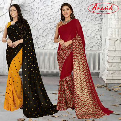 Anand Sarees Printed Daily Wear Georgette Saree(Pack of 2, Yellow, Black, Multicolor)