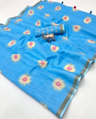 SDGRATITUDE Printed, Digital Print, Floral Print Daily Wear Cotton Linen, Linen Saree(Light Blue)