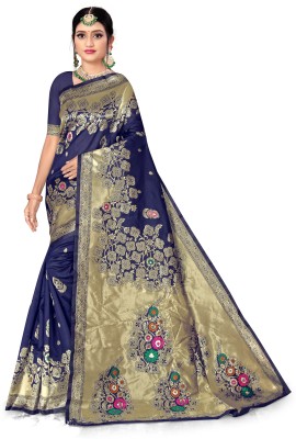 Dhimahi Woven Banarasi Cotton Silk Saree(Dark Blue)