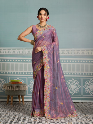 SARETRA MALL Embroidered, Floral Print, Embellished Bollywood Chiffon Saree(Purple)
