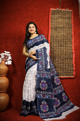 Happy Creation Printed Kalamkari Handloom Cotton Blend Saree(Multicolor)