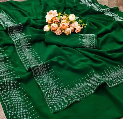 DHRAM CREATION Solid/Plain Bollywood Georgette Saree(Green)