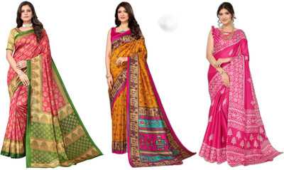 YASHIKA Printed, Woven Kalamkari Art Silk Saree(Pack of 3, Pink, Yellow)