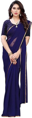 JiproStore Solid/Plain Daily Wear Chiffon Saree(Dark Blue)