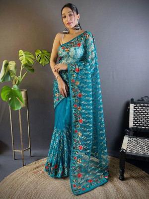 ANOUK Embellished Banarasi Net Saree(Blue)