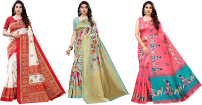 Nirvaan Printed, Woven Mysore Art Silk Saree(Pack of 3, Red, Light Green, Pink)