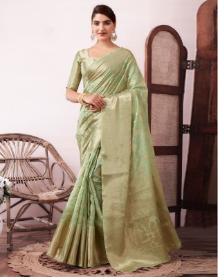 Satrani Woven, Embellished, Self Design Bollywood Organza Saree(Green, Gold)