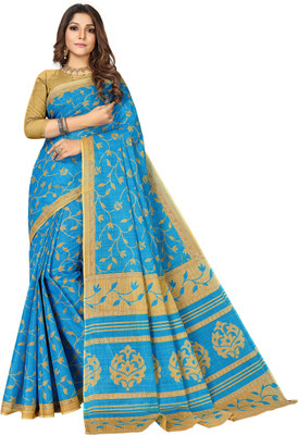 RATAN Printed Daily Wear Pure Cotton Saree(Blue)