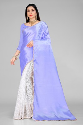 VANRAJ CREATION Color Block Bollywood Satin, Net Saree(White, Light Blue)