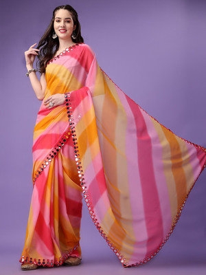 Dwiza Enterprise Self Design, Embellished, Embroidered, Printed, Floral Print, Striped Bollywood Georgette Saree(Yellow, Pink)