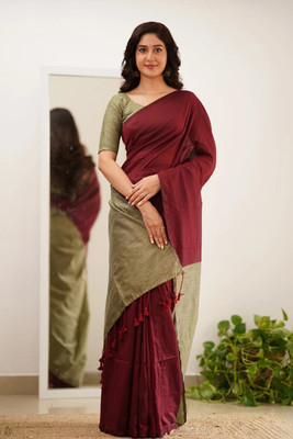 TWRIL Solid/Plain Handloom Pure Cotton Saree(Maroon)