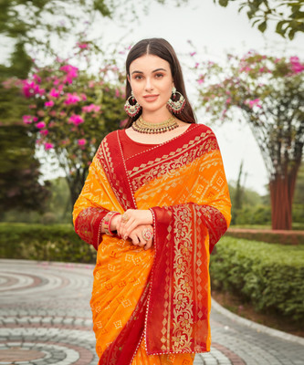 Sariya Printed Bandhani Georgette Saree(Mustard)