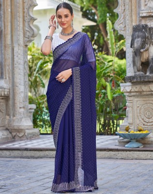 SIRIL Dyed, Woven, Embellished Banarasi Silk Blend Saree(Dark Blue, Silver)