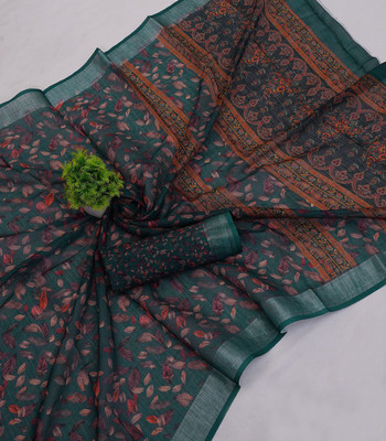 Soor Panchi Printed Bollywood Cotton Linen Saree(Multicolor)