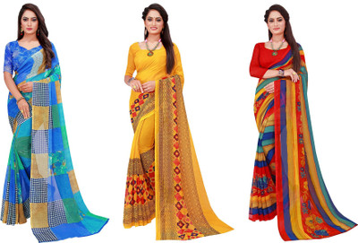 Samai Printed Daily Wear Georgette Saree(Pack of 3, Blue)