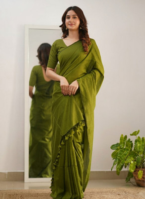Trndysares Solid/Plain Handloom Handloom Khadi Saree(Dark Green)