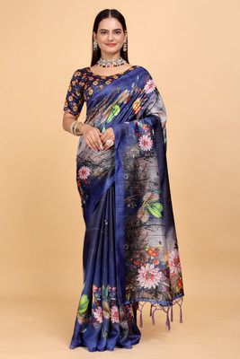 Mugdarra Floral Print Daily Wear Cotton Silk Saree(Dark Blue)
