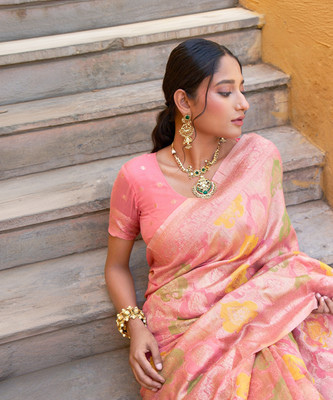 Janasya Woven, Self Design Chanderi Silk Blend Saree(Pink)