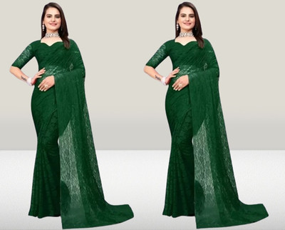 Vragi Self Design Bollywood Net Saree(Pack of 2, White)