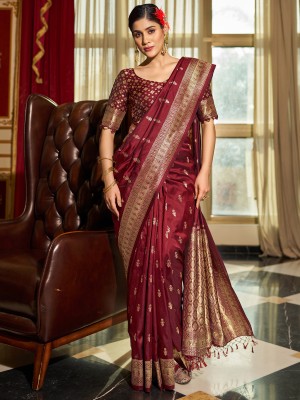 Sareemall Woven Banarasi Silk Blend Saree(Brown)