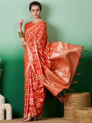 Suha Woven Banarasi Art Silk Saree(Orange, Gold)