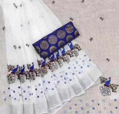 JASHALFAB Embroidered Daily Wear Cotton Linen Saree(White, Blue)