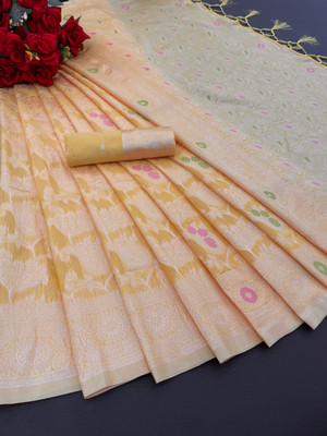 Clothestic Floral Print, Woven Kanjivaram Cotton Linen Saree(Yellow)