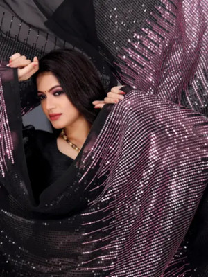 Clemira Checkered, Embellished Bollywood Georgette Saree(Purple)