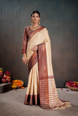 PEENGAX Woven, Striped, Self Design, Temple Border Banarasi Silk Blend Saree(Cream)
