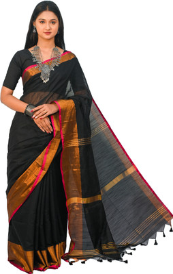 PHULKI TEXTILE Solid/Plain, Woven, Striped Saree with Attached Blouse Handloom Khadi Saree(Black)