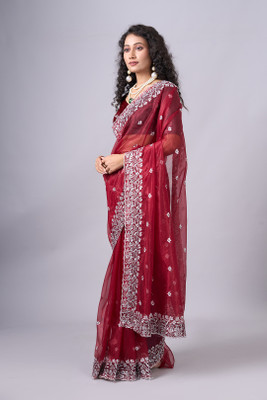 AVM SILK MILLS Solid/Plain Bollywood Net Saree(Maroon)