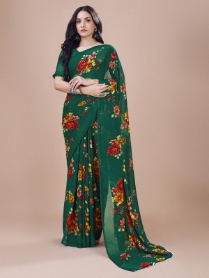 Dori Floral Print Daily Wear Georgette Saree(Dark Green)