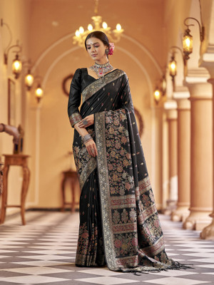 Elora Floral Print Saree with Attached Blouse Silk Blend Saree(Black)