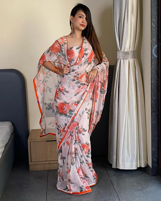 JATADHAR FAB Floral Print Ready to Wear Georgette Saree(White)