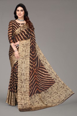 FABMORA Printed, Striped Leheria Chiffon, Georgette Saree(Brown)